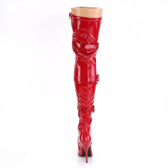 Red Patent Triple Buckle Thigh High Heel Boots - Picture 3 of 4